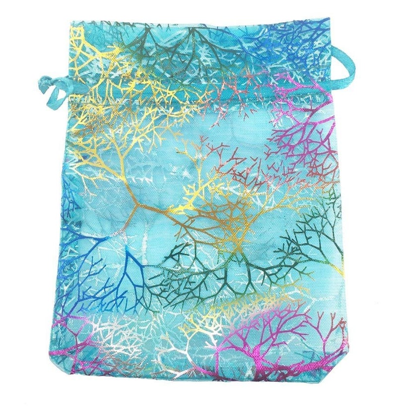 SumDirect 100Pcs Blue Organza Drawstring Bags Jewelry Pouches Coralline Pattern Candy Chocolate Party Christmas Wedding Favor Gift Bags35x47inches
